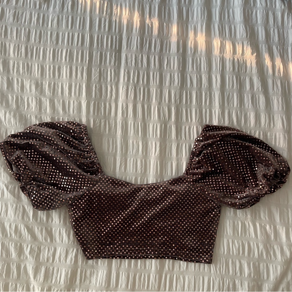 Velvet Puff Sleeve Sparkly Crop Top - Picture 3 of 7